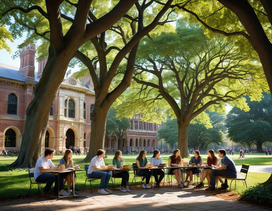 A vibrant scene depicting a group of diverse students in a beautiful Ivy League campus, engaged in dynamic discussions under historic trees, with iconic buildings in the background. Include elements of academic excellence like books and laptops scattered around, showcasing collaboration and innovation. The atmosphere is lively, filled with inspiration and ambition. super-realistic. vibrant colors. 3D.