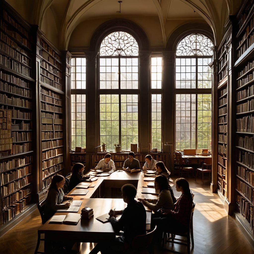 An inspirational scene featuring a diverse group of students studying in a grand Ivy League library, surrounded by towering bookshelves and historical architecture. Sunlight streams through large windows, casting shadows and highlighting their focused expressions as they share ideas and study materials. A chalkboard in the background displays the words 'Success' and 'Dream Big'. super-realistic. warm colors. inviting atmosphere.